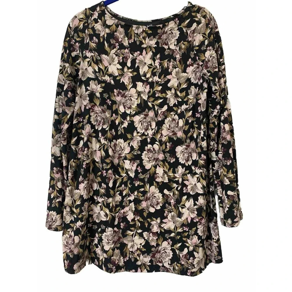 J Jill Women's XS Luxe Supima Cotton Cottage Core Tunic Top Black Floral (NN14)